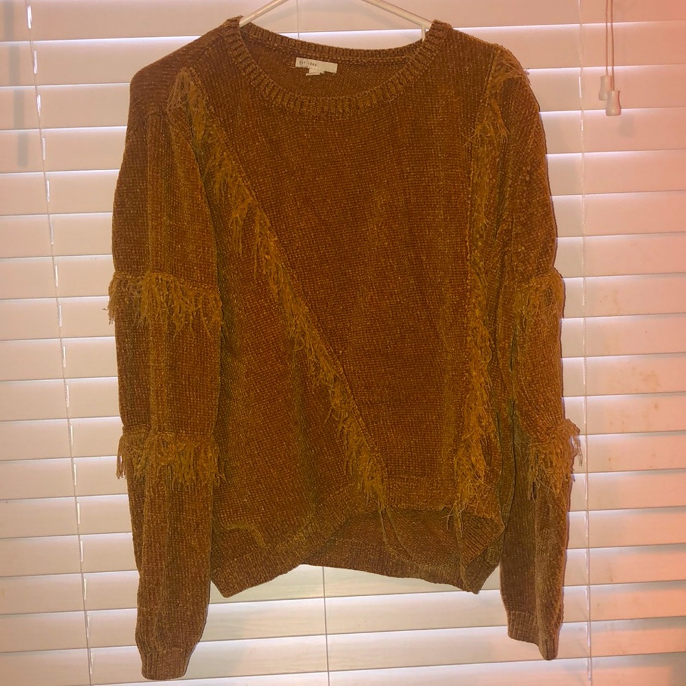 A brown ruffled shirt